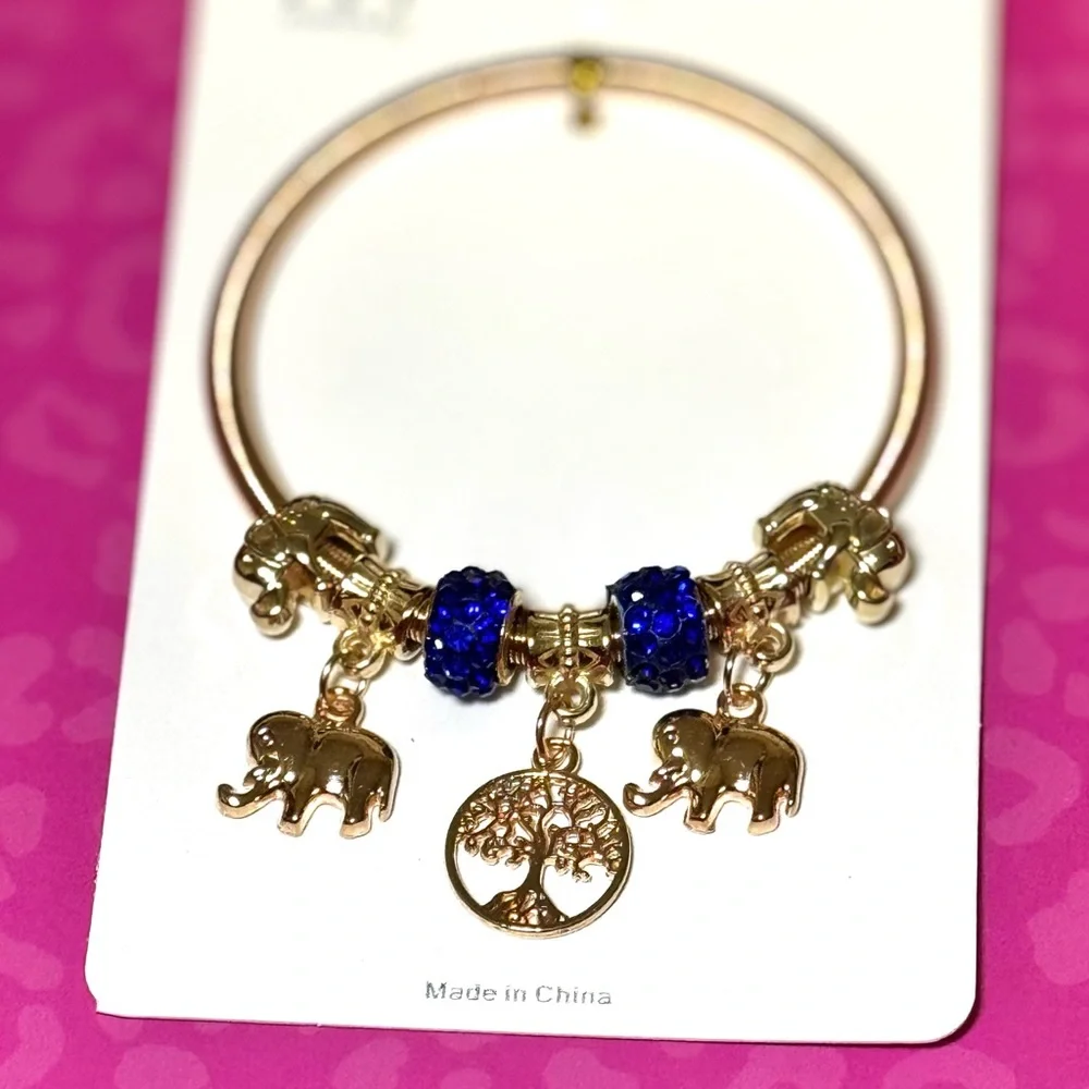 Gold Charm Bangle Bracelet Elephant Tree of Life Blue Rhinestone Beads - Picture 6 of 6